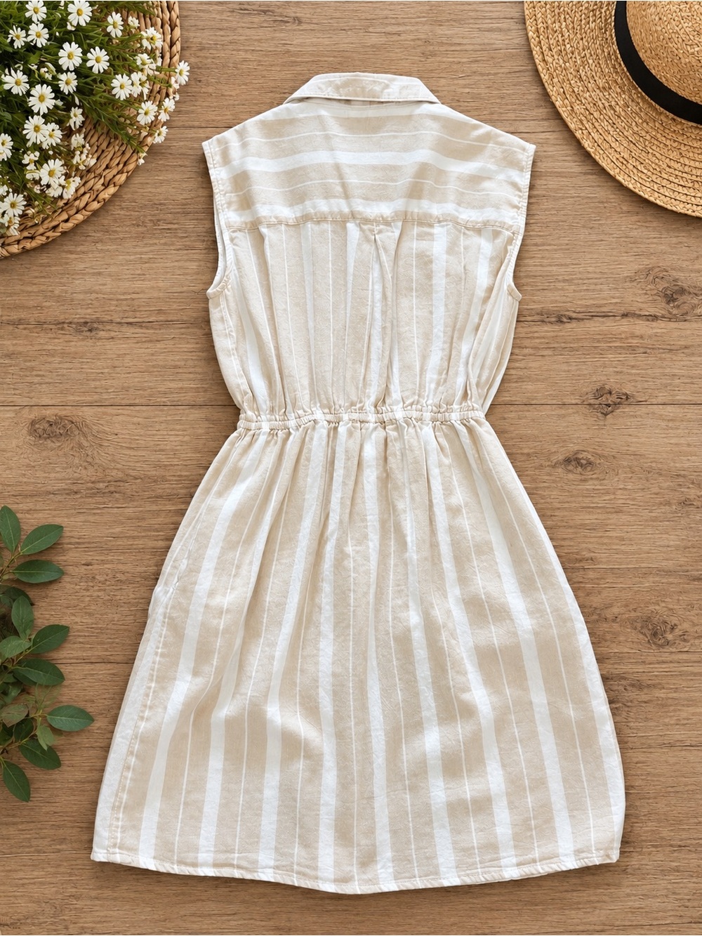 Japna Beige and White Striped Sleeveless Midi Shirt Dress - Picture 2 of 3
